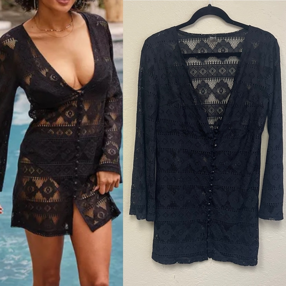 Lulus Black Boho Crochet Lace Sheer Swim Dress Coverup Sz Medium  Button Front